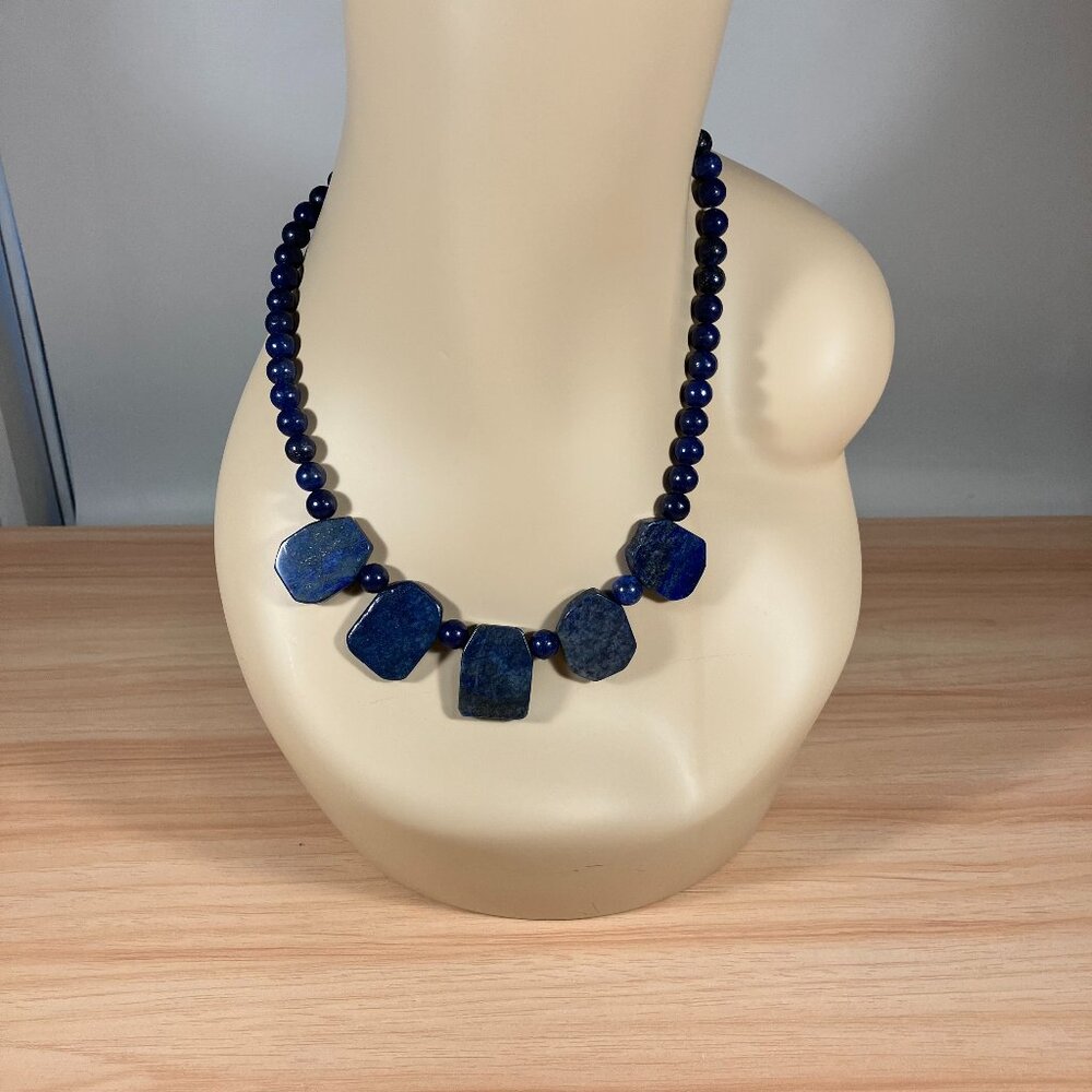 Handcrafted Natural Lapis Lazuli Necklace w Antique Bronze Flower Toggle Clasp